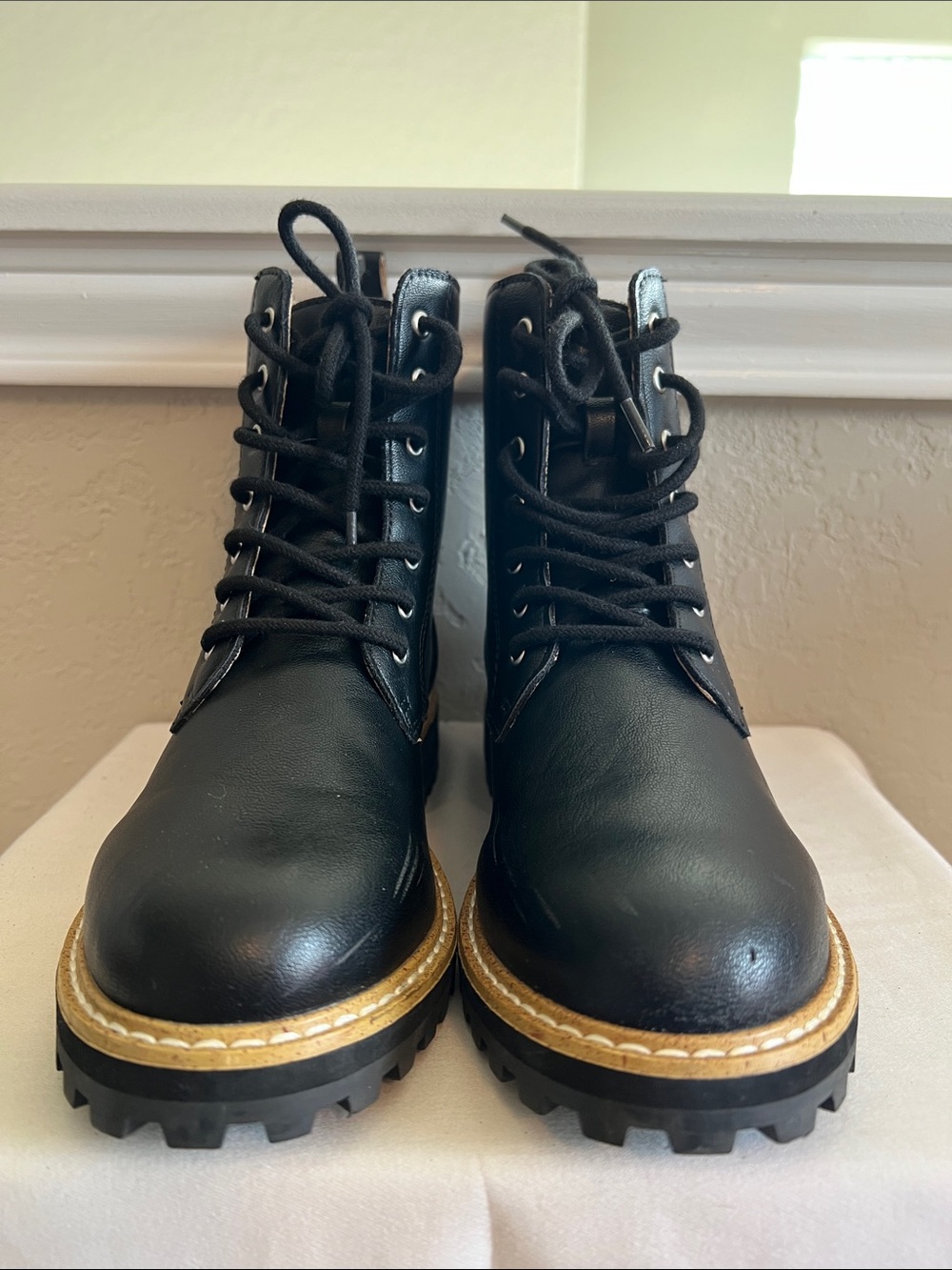 Vici Women’s Black Leather Lace-Up Boots with Tan Welt